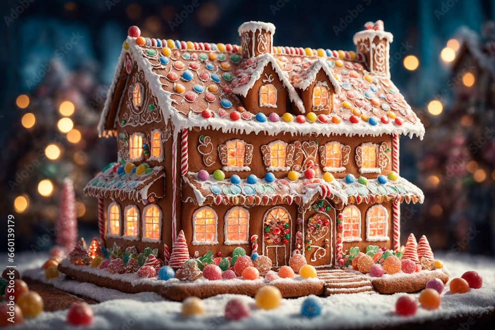 Edible-looking gingerbread house adorned with gumdrops. Christmas house made from ginger cookies decorated in Christmas spirit. Generative AI