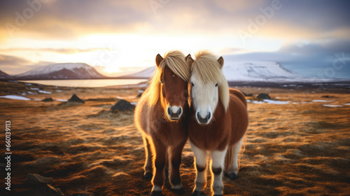 shaggy stocky Icelandic horses stand against a background of grassy hills and plains, animals, mane, pony, breed, north, Iceland, landscape, gait, wildlife, equine, bangs, sky, river