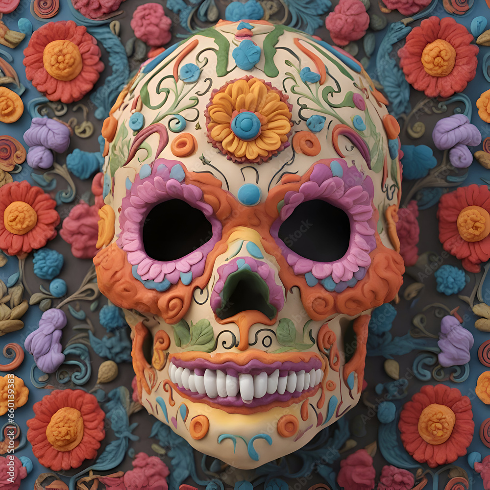 Mexican sugar skull with floral ornament. 3d render illustration.