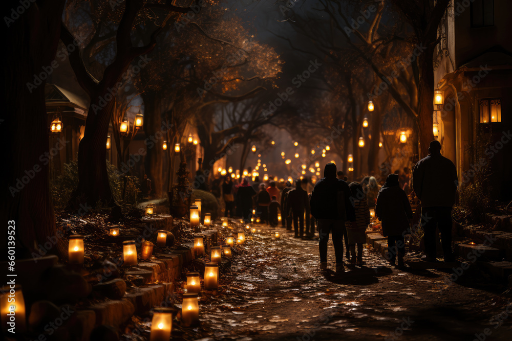 A Las Posadas lantern procession illuminating a neighborhood street, evoking a sense of community and togetherness. Generative Ai.
