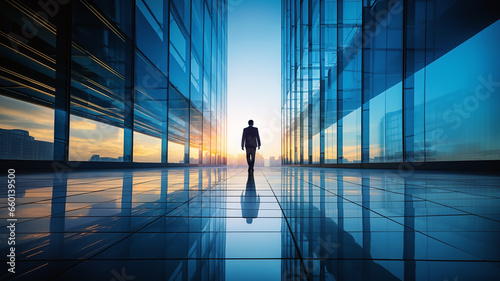 Silhouette of business man standing at sunrise in a passage between modern high-tech buildings. Follow your ambitions, business carreer concept, AI generated image.