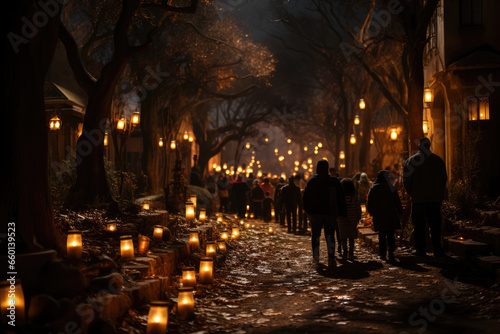 A Las Posadas lantern procession illuminating a neighborhood street  evoking a sense of community and togetherness. Generative Ai.