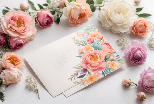 Luxury background and template layout design for invite card. Festive floral composition with copy space. Wedding Invitation Card Design, Spring Floral Invitation Card. Generative AI