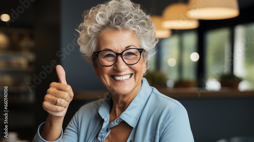 Cheerful woman with short gray hair smiling and wearing eyeglasses.