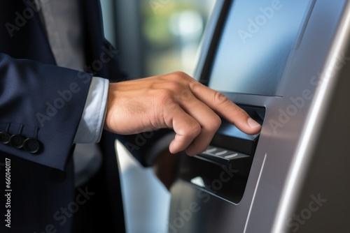 Male hand bank operation card credit deposit cash withdrawal money transfer savings dollars euro ATM businessman success rich man machine finance safety security system paying bills account balances