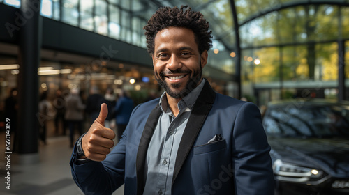 Smiling young businessman with thumbs up celebrating