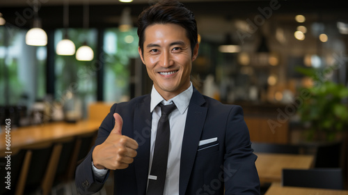 Smiling Asian businessman with thumbs up