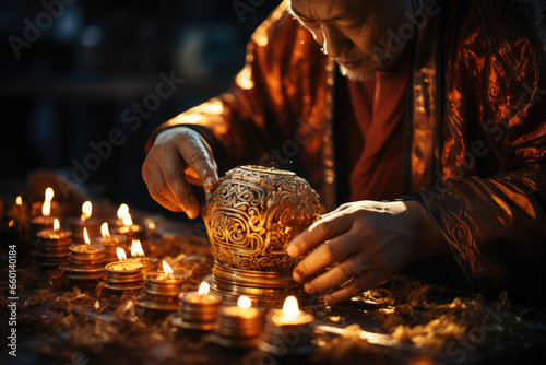 A Bodhi Day prayer wheel being spun by a devotee, sending out positive intentions and blessings into the world. Generative Ai.