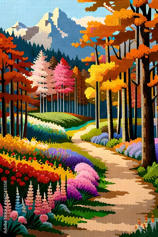 Colorful painting of forest landscape