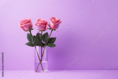 Three pink roses in a vase with copy space. Purple background. Valentine's Day, Women's Day.