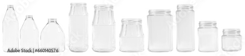 Kit. transparent glass jars of different shapes and sizes. on an empty background. PNG