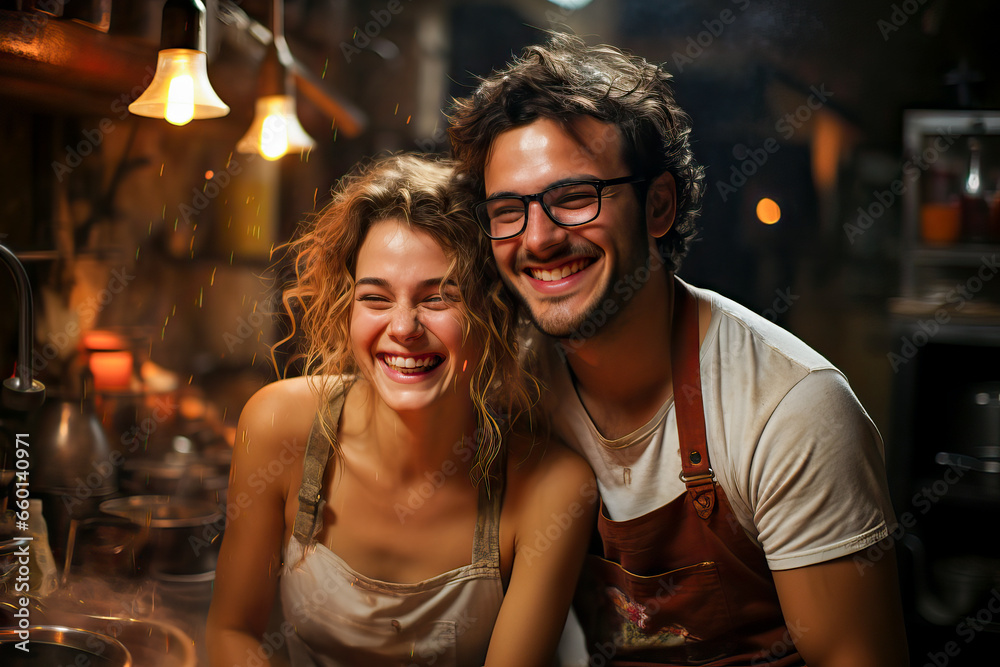 A happy couple smiling in a cozy kitchen