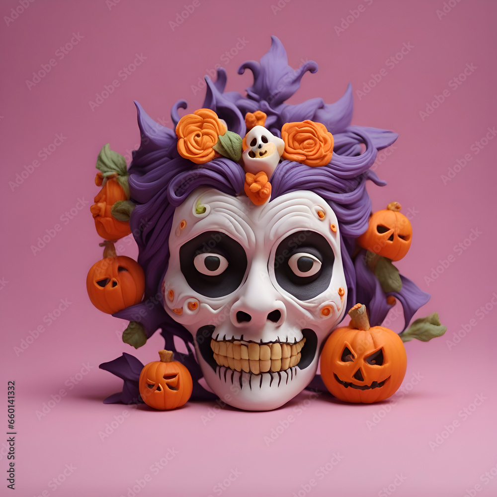 Halloween holiday concept with skull and pumpkins on pink background.