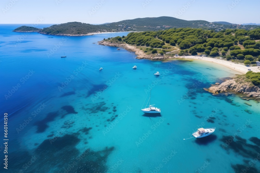 Aerial view on boats in crystal clear blue water
