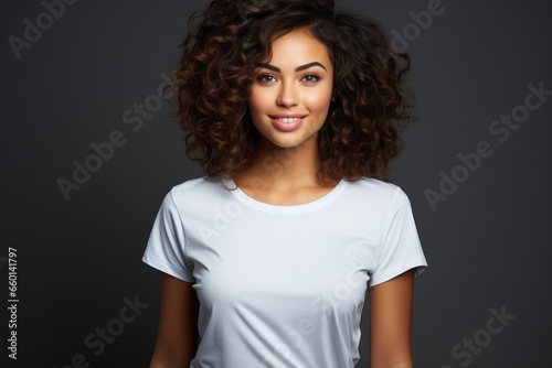 Portrait of happy African female student in white t-shirt on a gray background.