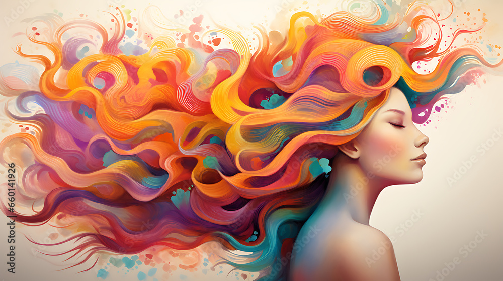 An illustration of a woman flying in the air, colorful hair