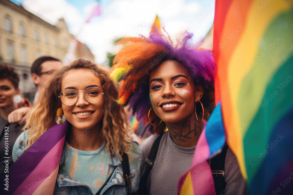 Group of people with rainbow flags and banners during Gay Pride event Group of people with rainbow flags and banners during Gay Pride event