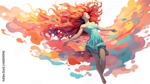 An illustration of a woman flying in the air, colorful hair