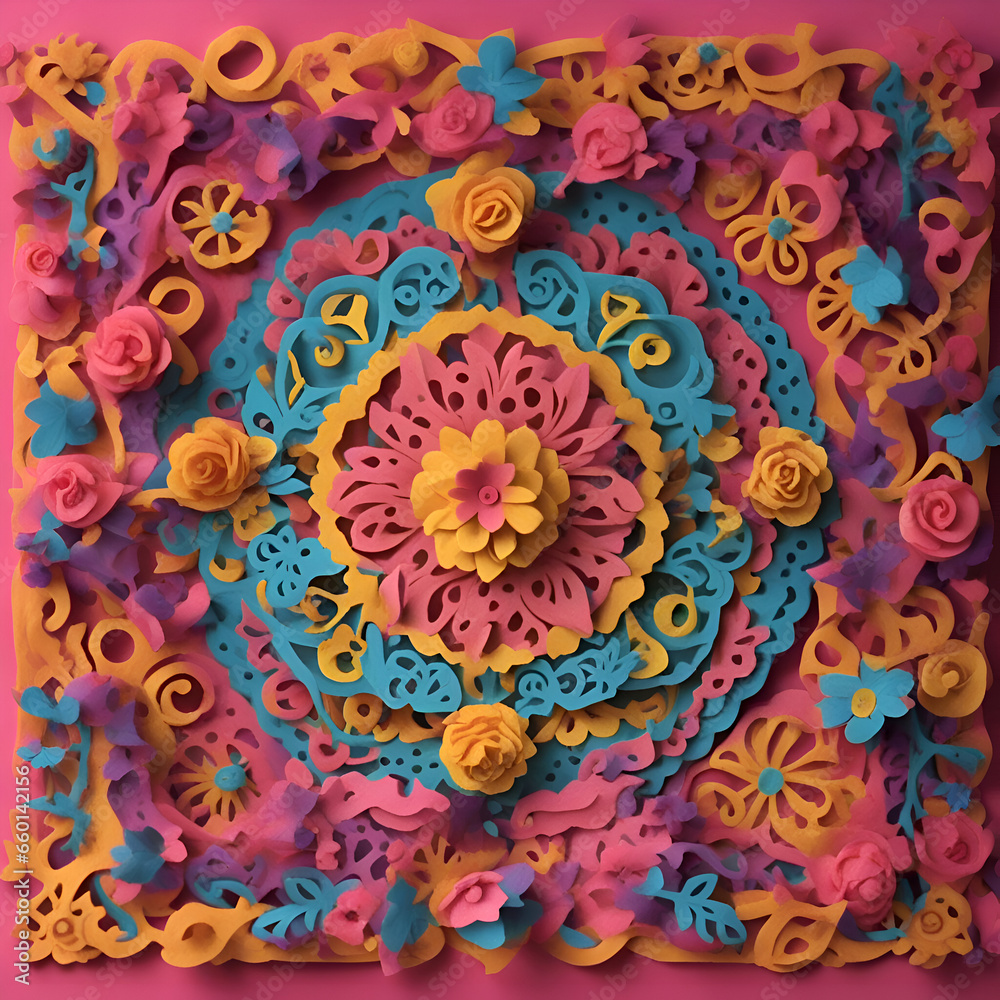 Colorful paper cut flowers background. 3d rendering. Computer digital drawing.