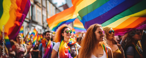Group of people with rainbow flags and banners during Gay Pride event