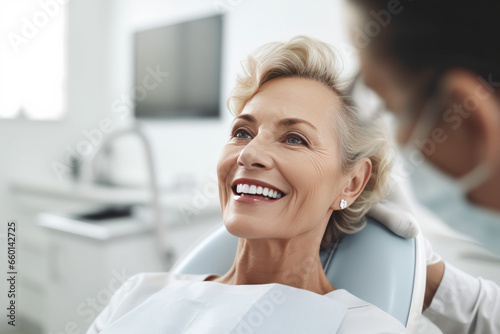 Dentist and female patient in dental clinic. Middle aged woman on dental examination at the dentist doctor. Prevention and tooth treatment photo
