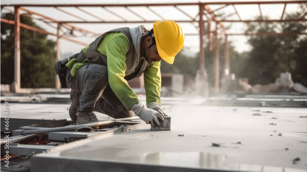 A worker is using a tool to cut concrete slabs at building sites. A worker is using a tool to cut concrete slabs at building sites.