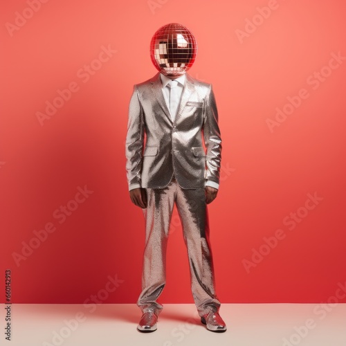 Full body shot of man in silver suit but disco ball instead her head