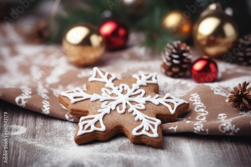 Christmas gingerbread cookie on festive wood background