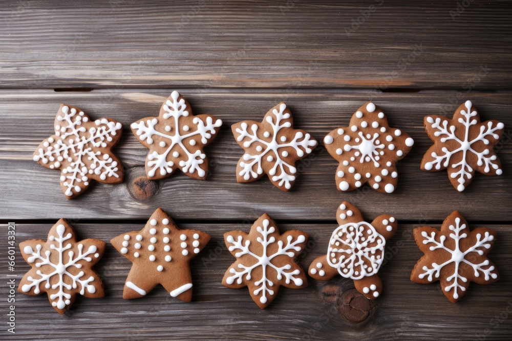 Fototapeta premium Christmas gingerbread cookies on wooden background top view