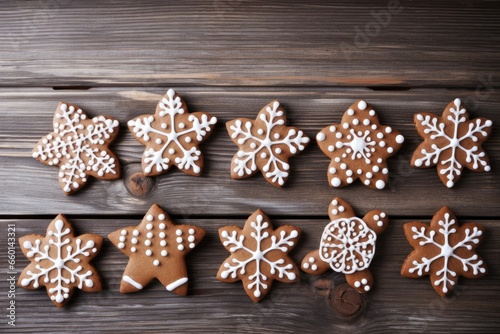 Christmas gingerbread cookies on wooden background top view