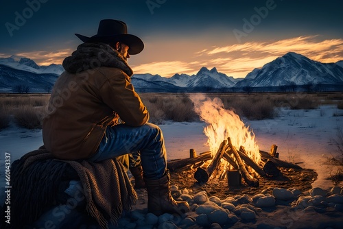 a tired lonesome cowboy sitting at his campfire in the foothills of a snowy mountain chain at sunset dramatic composition volumetric lighting photorealistic ultra wide angle lens UHD 16k depth of  photo