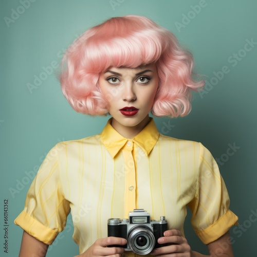 Vintage style concept of woman with pink hair and yellow shirt looking at camera photo