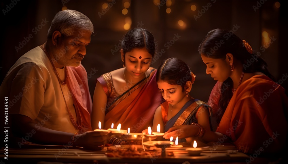 Hindu family performing candlelit prayer Hindu family performing candlelit prayer