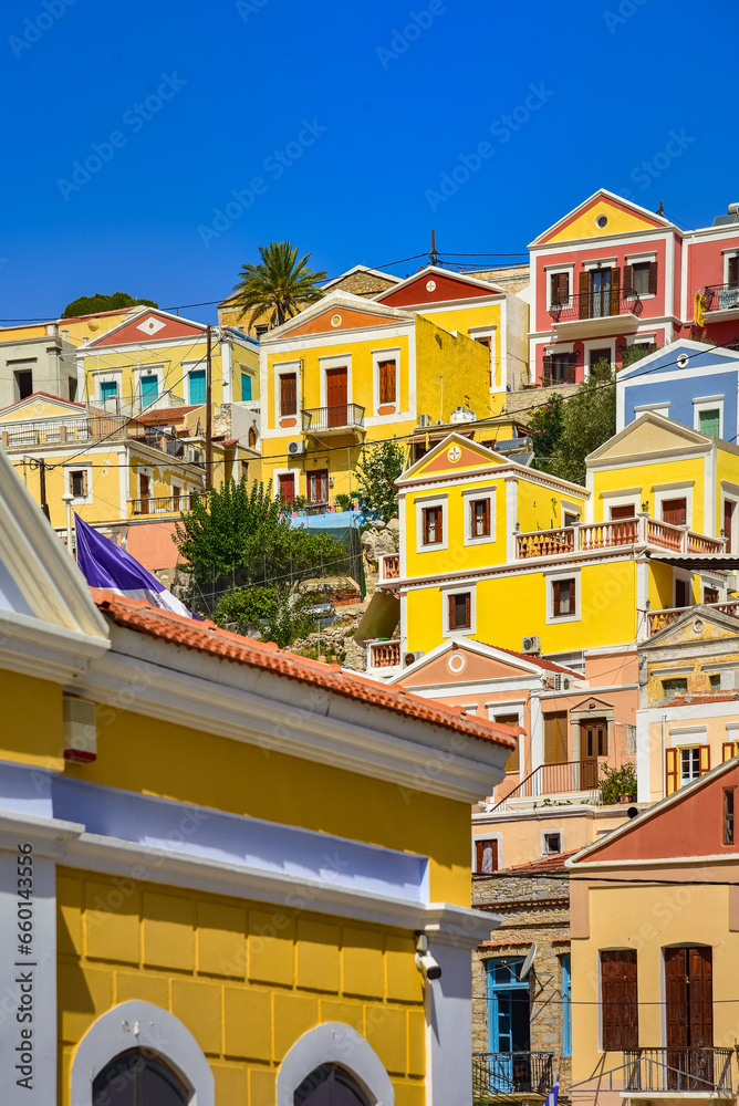 Colorful houses village in Symi island, Dodecanese islands, Greece.