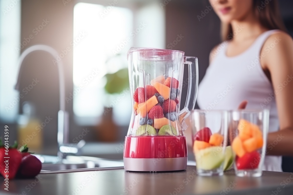close up of woman with blender making fruit shake on kitchen close up of woman with blender making fruit shake on kitchen
