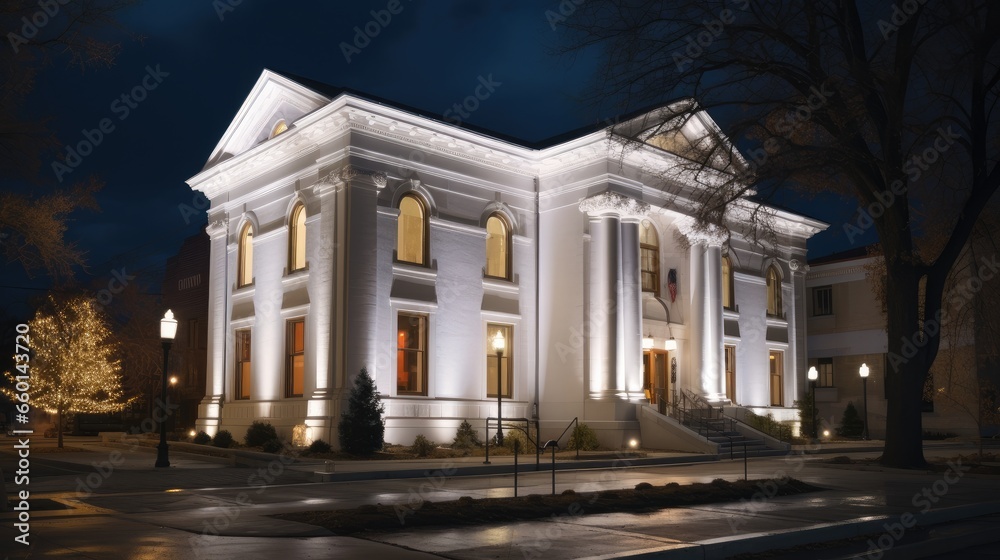 Small town municipal building with white LED lighting outside.