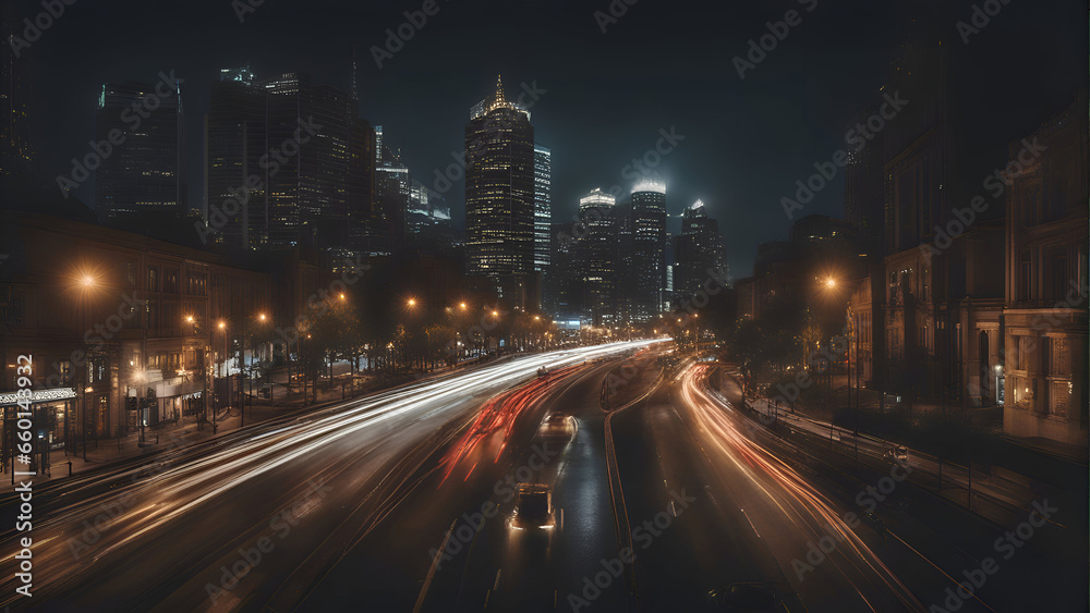 Night traffic in downtown Los Angeles. California. United States of America