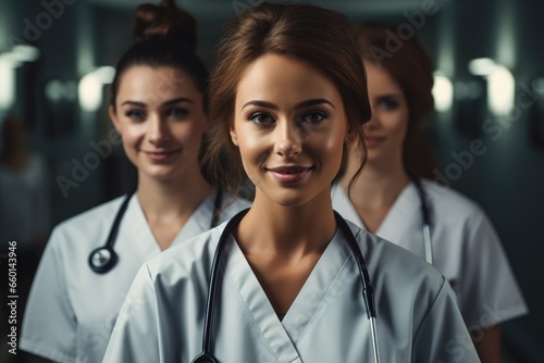 Smiling beautiful female healthcare workers working in modern hospital.