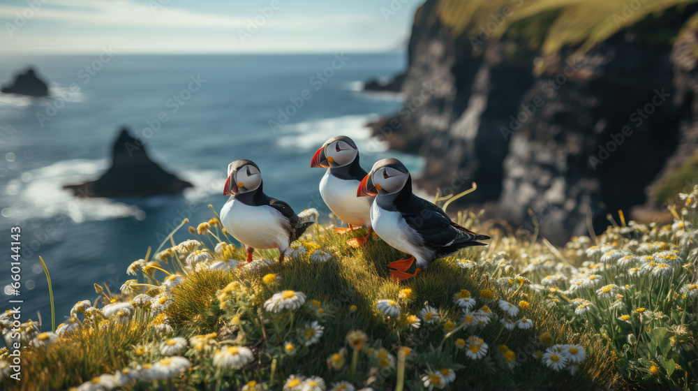 black and white puffin birds sit on green rocky shore against the backdrop of the sea in Iceland, north, ocean, island, landscape, fauna, flowers, red beaks and paws, grass, sky, mountains, coastline - obrazy, fototapety, plakaty 