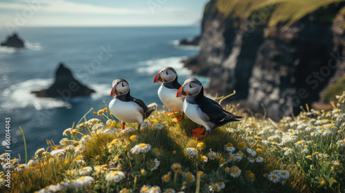 black and white puffin birds sit on green rocky shore against the backdrop of the sea in Iceland, north, ocean, island, landscape, fauna, flowers, red beaks and paws, grass, sky, mountains, coastline photo