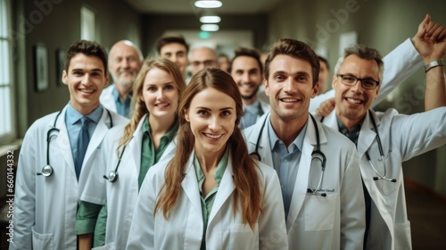 Team of cheerful doctors celebrating their success in modern hospital.