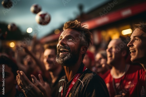 A dynamic sports scene capturing the intensity of a soccer match, with players in action and fans cheering from the stands © Hunman