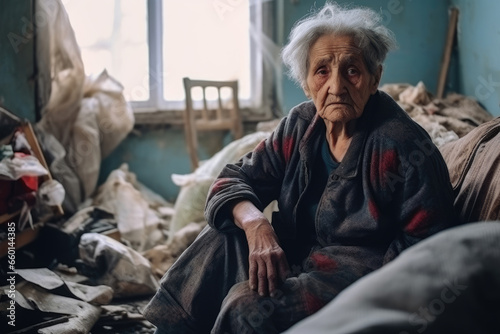 Old woman sitting inside room of her destroyed house. Woman survived war explosions, bombing, terrorist attack
