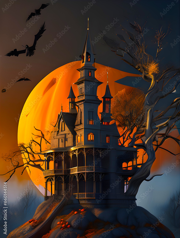 Motyw Halloween, dynia i mroczny klimat, tło, ciemny, nocny las - obrazy, fototapety, plakaty 