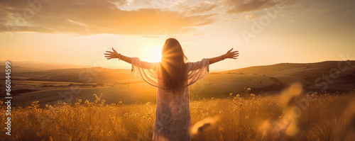 Happy woman standing with her back on sunset in nature with open hands photo
