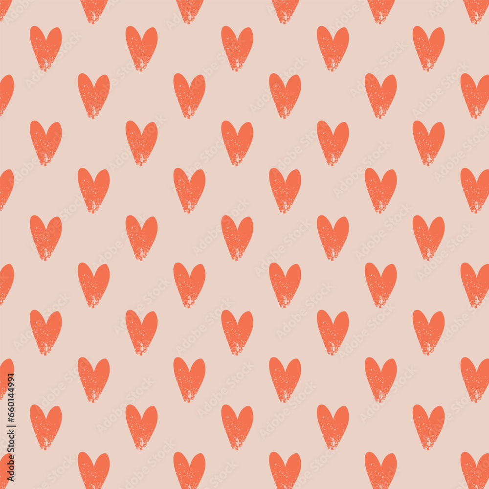 Red grunge heart on pink background regular seamless pattern. Romantic holiday design vector illustration.