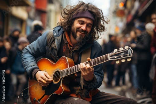 A street musician passionately playing a guitar on a bustling city corner, drawing a crowd of listeners and adding a touch of melody to the urban atmosphere