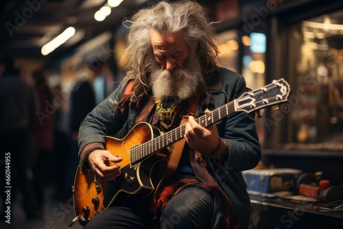 A street musician passionately playing a guitar on a bustling city corner, drawing a crowd of listeners and adding a touch of melody to the urban atmosphere