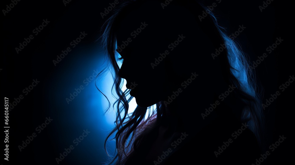 Naklejka premium Sadness concept, silhouette of unrecognizable young gorgeous female with a dark background