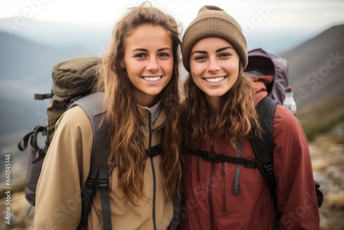Two young women hikers backpackers smiling embracing. © visoot